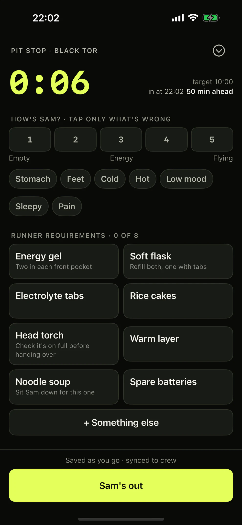 A pit stop screen with a running timer, a check on how the runner is doing and a grid of items to hand over.